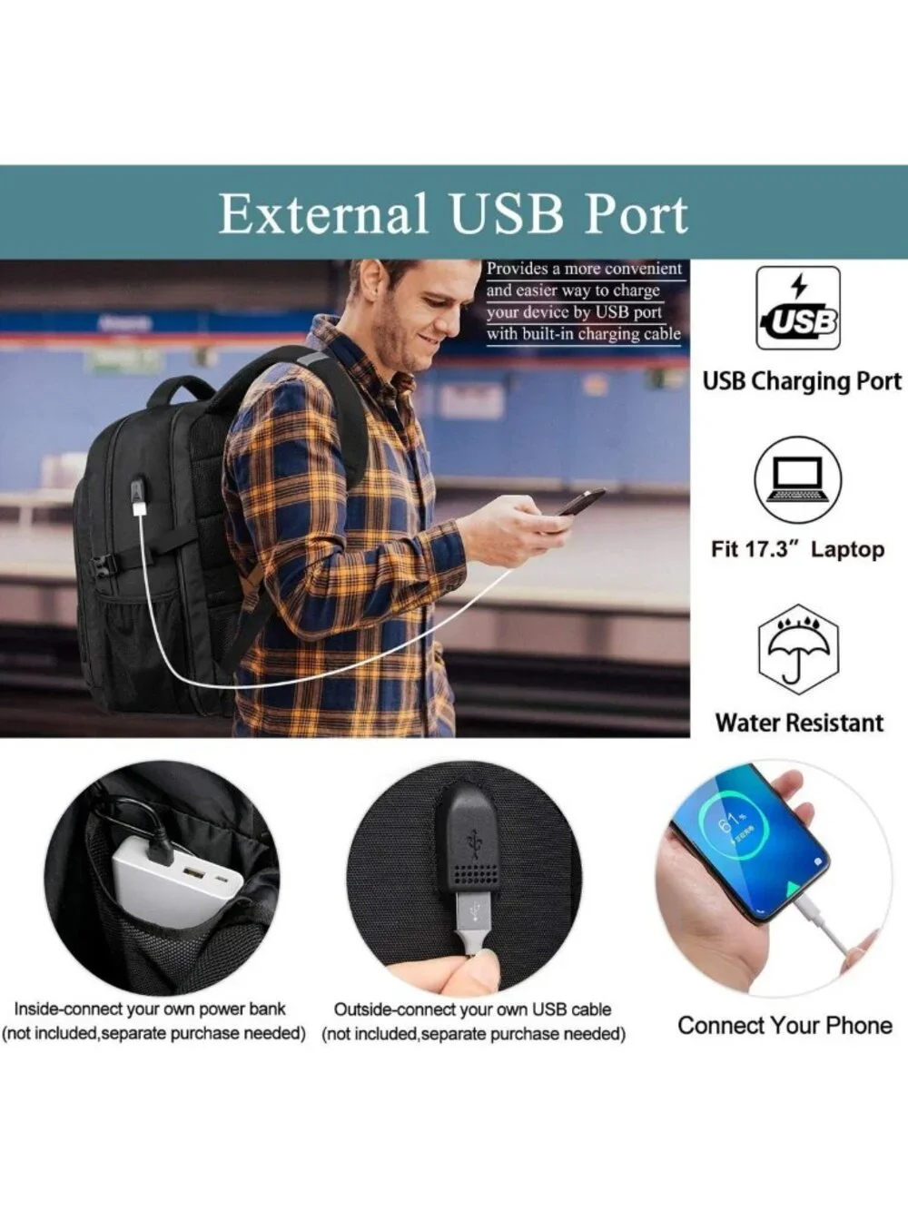 Water Resistant 50L Extra Large Travel Laptop Backpack with USB Port
